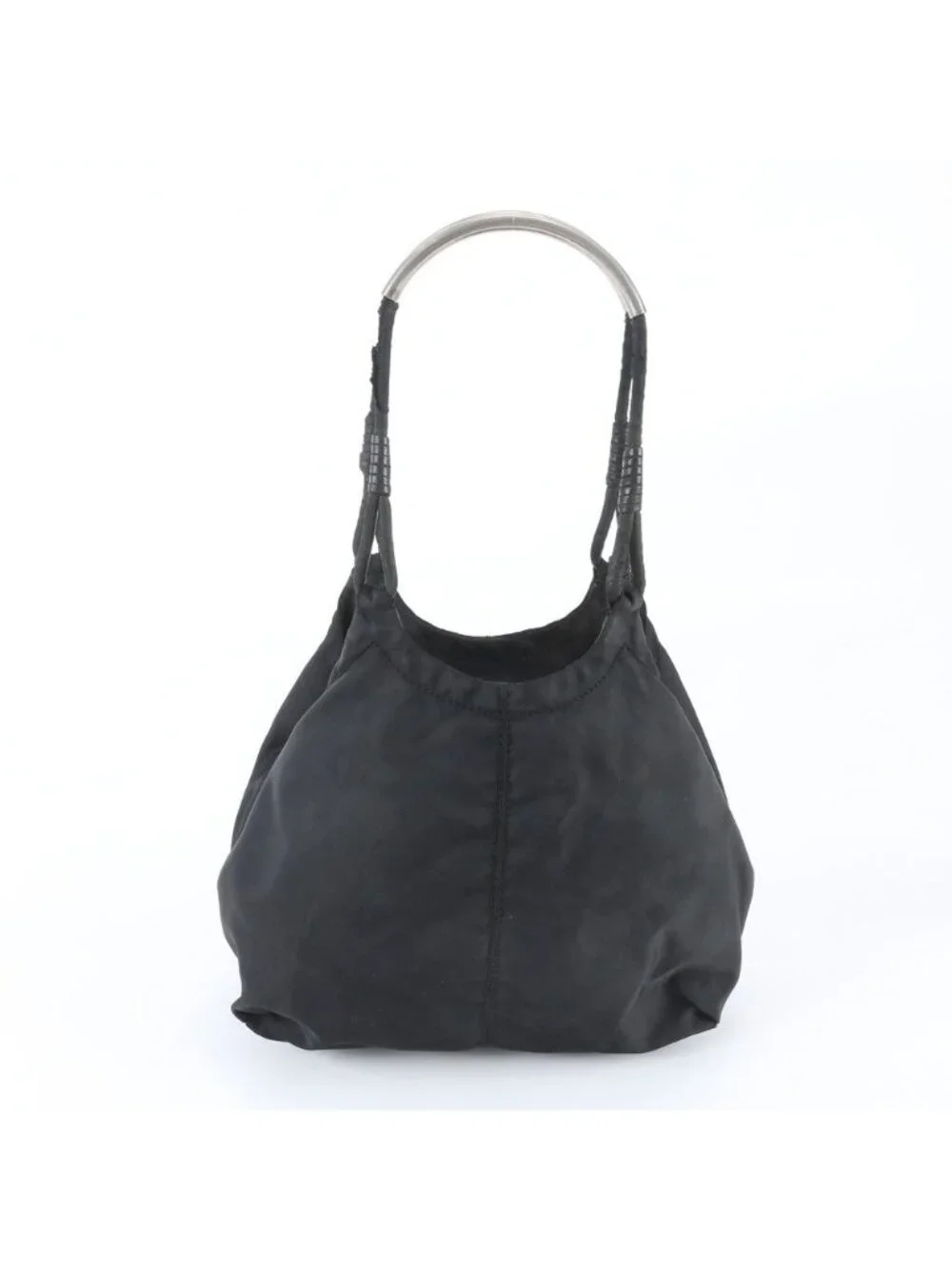 Prada Tessuto Nylon Triangle Logo Leather Tote Shoulder Hand Black